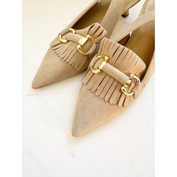 NWOB Ann Taylor Horsebit Fringe Suede Kitten Heels Tan Gold 9 - Picture 6 of 9